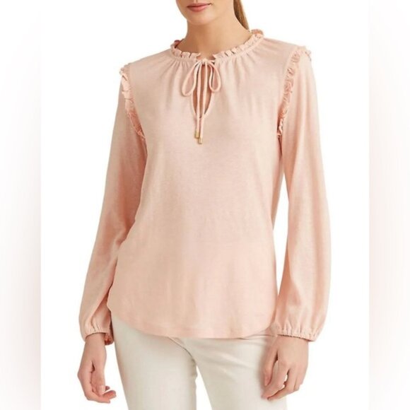 NWT LAUREN RALPH LAUREN BLACK LABEL LINEN Blend Ruffle Neck Top Keyhole Neck LG - Picture 2 of 15